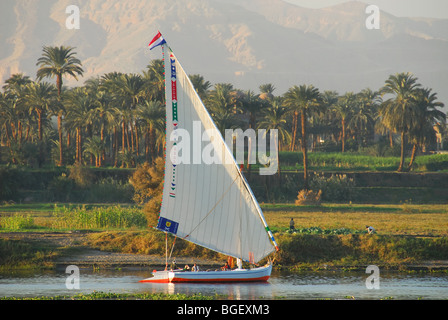 LUXOR, ÄGYPTEN. Ein Abendausflug Feluke auf dem Nil mit der grünen und fruchtbaren Westbank des Flusses hinter. 2009. Stockfoto