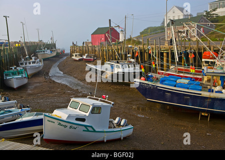 Boote an der Anlegestelle in Hallen Hafen, Bucht von Fundy, Minas Kanal, Evangeline Trail, Nova Scotia, Kanada gebunden. Stockfoto