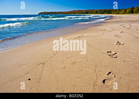 Fußspuren im Sand entlang der Bucht Strand Pancake Pfannkuchen Bay Provincial Park, Lake Superior, Great Lakes, Ontario, Canad Stockfoto