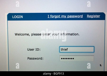 Computer Bildschirm zeigt Anmeldeseite mit Benutzer-Id des Dieb Stockfoto