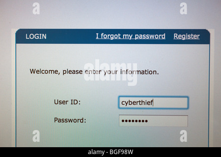 Computer Bildschirm zeigt Anmeldeseite mit Benutzer-Id des cyberthief Stockfoto