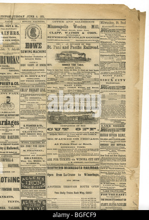 Kleinanzeigen aus täglichen Pionier The Saint Paul (Minnesota), 6. Juni 1871 Teil. Stockfoto