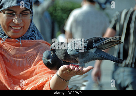 Zwei wilde Tauben Columba Livia sitzen auf lady's Hand direkt vor Trafalgar Square London England UK Stockfoto