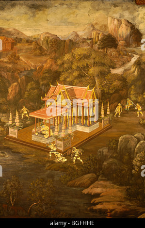 Wandbild Detail auf dem Gelände des Grand Palace, Phra Nakhon, Bangkok, Thailand Stockfoto