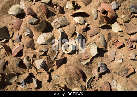 Haufenweise alte Tonscherben auf dem Wüstenboden in Daydamus römischen Kastells in der östlichen Wüste von Ägypten, Nordafrika Stockfoto