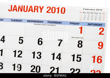 Kalender-Seite zeigt den Monat Januar 2010 Stockfoto