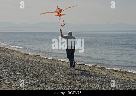 Pensionierter, silberhaariger älterer Mann joggt an einem sonnigen Tag am Strand mit einem Drachen von der Kamera weg Stockfoto