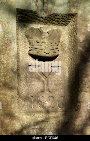 Geschnitzten Stein auf Stanton Moor zwischen Birchover und Rowsley in Derbyshire Peak District, Großbritannien Stockfoto