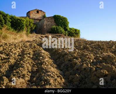 Zerstörten Bauernhaus mit Blick auf Acker in der Toskana Italien Stockfoto