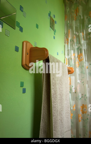 Handtuchhalter aus Holz in hellem Grün Badezimmer. Farbe. Stockfoto