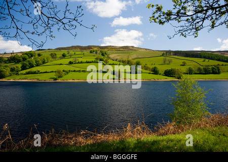 Blick auf Ladybower Vorratsbehälter an einem sonnigen Frühlingstag im oberen Derwent Valley in Derbyshire; England; Stockfoto