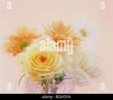 Orange, gelbe und weiße Blumen in einer Vase Stockfoto