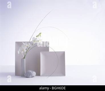 Weiße Blumen in einer Vase, weiße Platten und einem weißen Rock Stockfoto