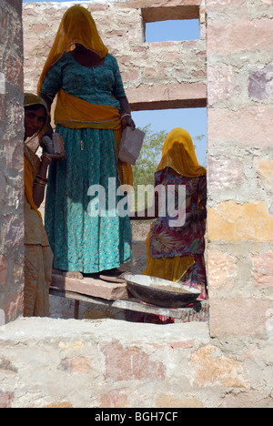 Rajasthani Frau stand im Türrahmen, Blick in die Kamera verschleiert [Gesichter bedeckt] Stockfoto