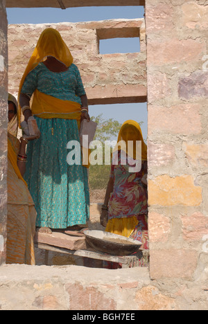 Rajasthani arbeitenden Frauen in Tür Blick in die Kamera stehe verschleiert [Gesichter bedeckt] Stockfoto