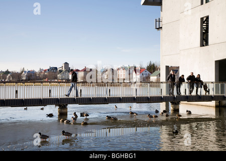 Leute beobachten die Enten am Tjörnin-See, Rathaus von Reykjavik, Island. Stockfoto