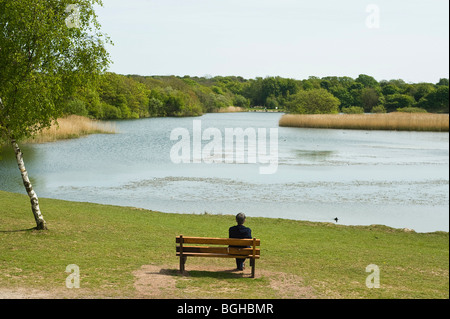 Einsame Gestalt auf Bank mit Blick auf See Stockfoto