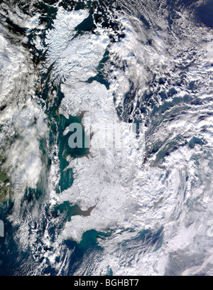 NASA-Satellitenbild von Großbritannien abgedeckt in Schnee und Eis, aufgenommen am 7. Januar 2010 Stockfoto