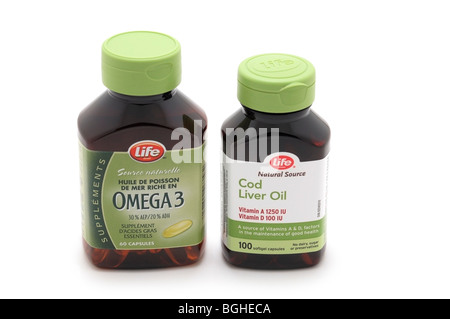 Flasche von Omega-3 und der Dorsch Lebertran Kapseln Stockfoto