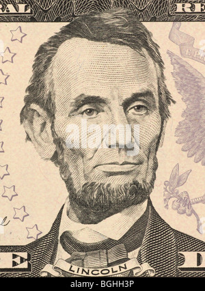 Abraham Lincoln auf 5 Dollar 2006 Banknote aus USA 16. Präsidenten der Vereinigten Staaten vom März 1861 bis zu seinem Tod. Stockfoto