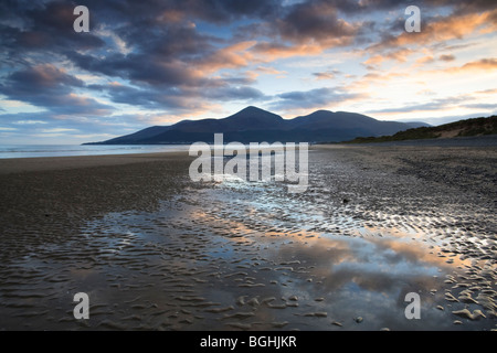 Die Mourne Berge spiegeln sich in dem nassen Sand Murlough Bay, County Down, Nordirland Stockfoto