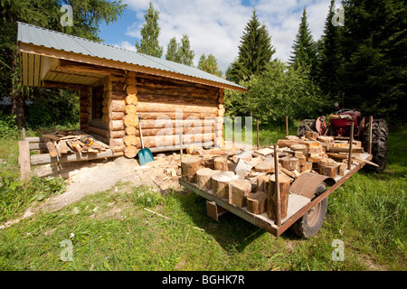 Traktoranhänger voller Holzklötze, die Reste vom Blockhaus Bau, Finnland Stockfoto