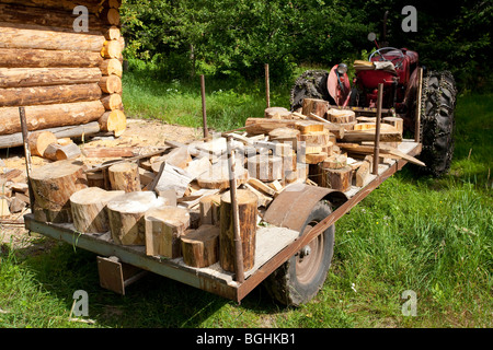 Traktoranhänger voller Holzklötze, die Reste vom Blockhaus Bau, Finnland Stockfoto