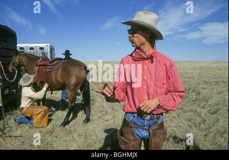 Cowboys und ihre Pferde darauf vorbereiten, einen Reiten Ausflug in Badlands Nationalpark, South Dakota Stockfoto