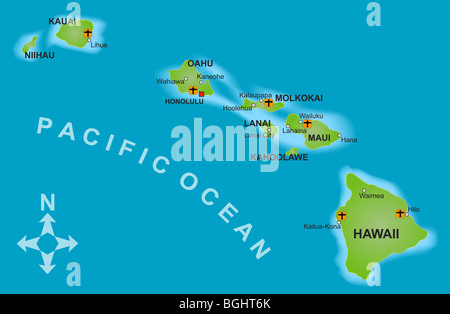 Eine stilisierte Mapof der Insel von Hawaii und alle benachbarten Inseln. Stockfoto