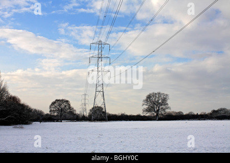 Strommast in Tolworth Court Farm Nature Reserve, Kingston, Surrey, England, UK. Stockfoto