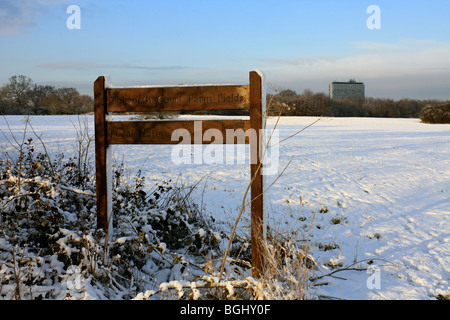 Winter Schnee in Tolworth Court Farm Nature Reserve, Kingston, Surrey, England, UK. Stockfoto