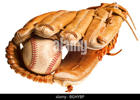 Baseball in Mitt isoliert auf weißem Hintergrund Stockfoto