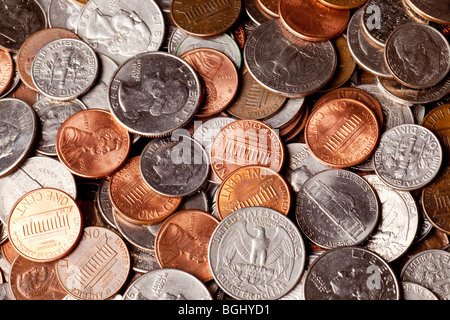 Pfennige, Nickles, Groschen und Viertel-Makro-Hintergrund Stockfoto