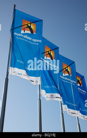 Fahnen für die Australian Open Tennis Championships in Melbourne Stockfoto