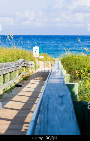 Palm Beach Shores, Florida, hölzerne Privatweg mit grünen Meer & mit gelbem Sand Strand Stockfoto