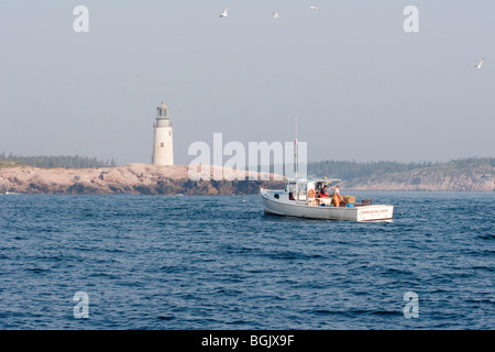 Arbeiten unter dem Elch-Gipfel-Leuchtturm an einem dunstigen Tag an der Küste von Maine Hummerfischer Stockfoto