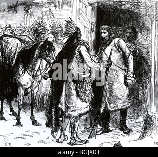 SIR JOHN FRANKLIN-(1786-1847) English Explorer und seine Männer sind von freundlichen Indianer vor Hunger bei Fort Enterprise gerettet. Stockfoto