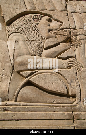 Relief des Löwen am äußeren Flurwand der Tempel von Haroeris und Sobek in Kom Ombo im Niltal, Oberägypten Stockfoto