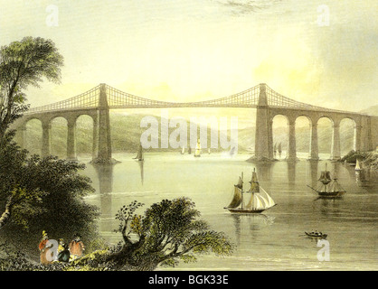 MENAI BRIDGE verbindet Angelsey und North Wales in einem Kupferstich von 1842. Es wurde von Thomas Telford entworfen und im Jahre 1825 eröffnet. Stockfoto