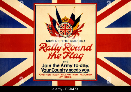 WWI-Plakat zeigt die Flaggen der Alliierten, vor dem Hintergrund der britischen Flagge Stockfoto