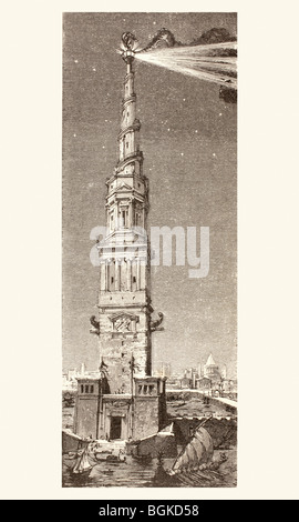 Der Leuchtturm auf der Insel Pharos, Alexandria, Ägypten, nach einer phantasievollen 19. Jahrhundert Illustration. Eines der sieben Wunder der Welt Stockfoto