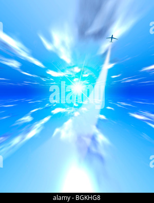 Flugzeug fliegen von der Sonne entfernt in einem blauen Himmel Stockfoto