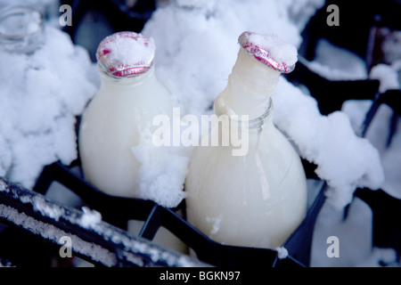 Gefrorene Milchflaschen, Hampshire, England. Stockfoto