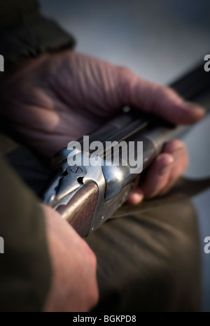 älteren mans Hände halten, dass zwölf Schrotflinte Bohrung Stockfoto