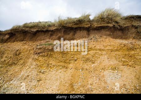 Bodenschichten offenbart zeigen Erosion von oben-Erde von einer Klippe mit Blick auf Strand von Bournemouth. Bournemouth, Dorset. VEREINIGTES KÖNIGREICH. Stockfoto