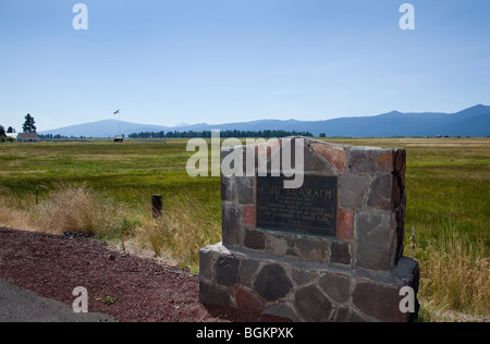 Fort Klamath Soldaten auf dem Pferderücken, wo vier indische Führer der Modoc, darunter Captain Jack, im Jahr 1873, Oregon, vor Gericht gestellt und aufgehängt wurden Stockfoto