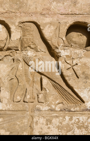 Nahaufnahme von Horus und Ankh im zweiten Hof in Medinet Habu, Leichenhalle Tempel von Ramses III, Westufer des Nil, Luxor, Ägypten Stockfoto