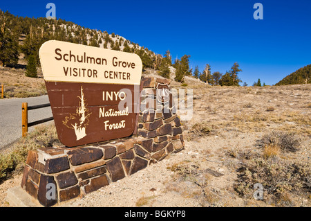 Schild an der Schulman Grove, Ancient Bristlecone Pine Forest, Inyo National Forest, White Mountains, Kalifornien Stockfoto