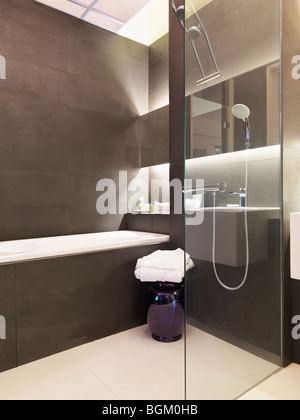 Braune und weiße moderne Badezimmer Stockfoto