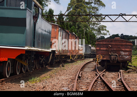 Alte Dampfmaschine und Güterwagen auf Abstellgleis am stillgelegten Bahnhof in Pietermaritzburg, Kwazulu Natal, Südafrika. Stockfoto